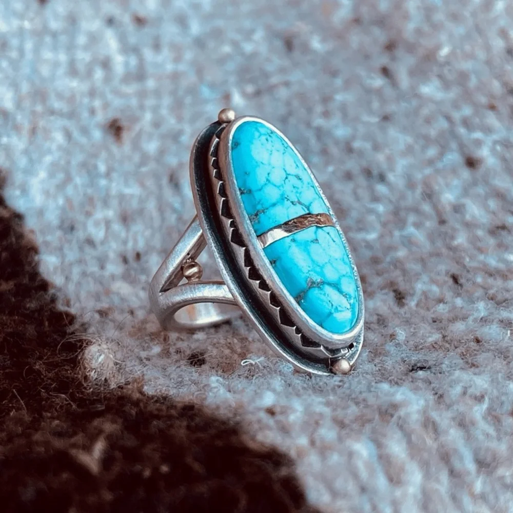 New Natural Blue Turquoise Navajo Genuine Silver Handmade OOAK Ring - Picture 4 of 16